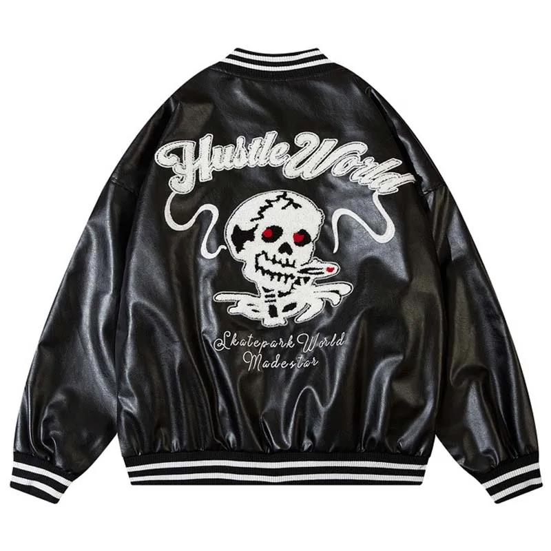 

Men PU Leather Baseball Jacket Vintage Funny Skull Smoking Embroidery Letters Motorcycle Jacket Hip Hop Casual Streetwear Coat