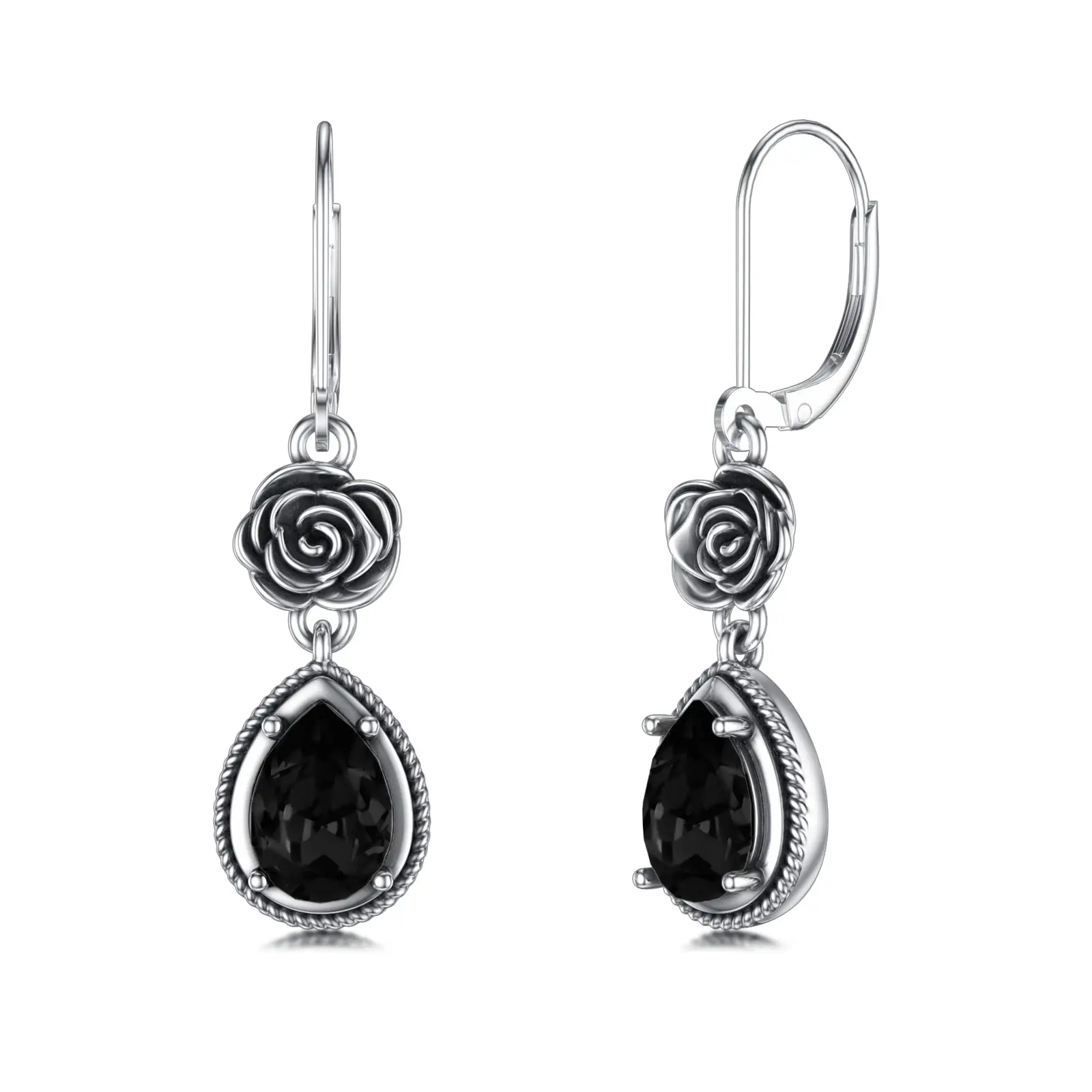 

YFN Vintage Rose Leverback Earrings Sterling Silver Oxidized Retro Birthstone Crystal Birthday Wedding Jewelry Gifts for Women