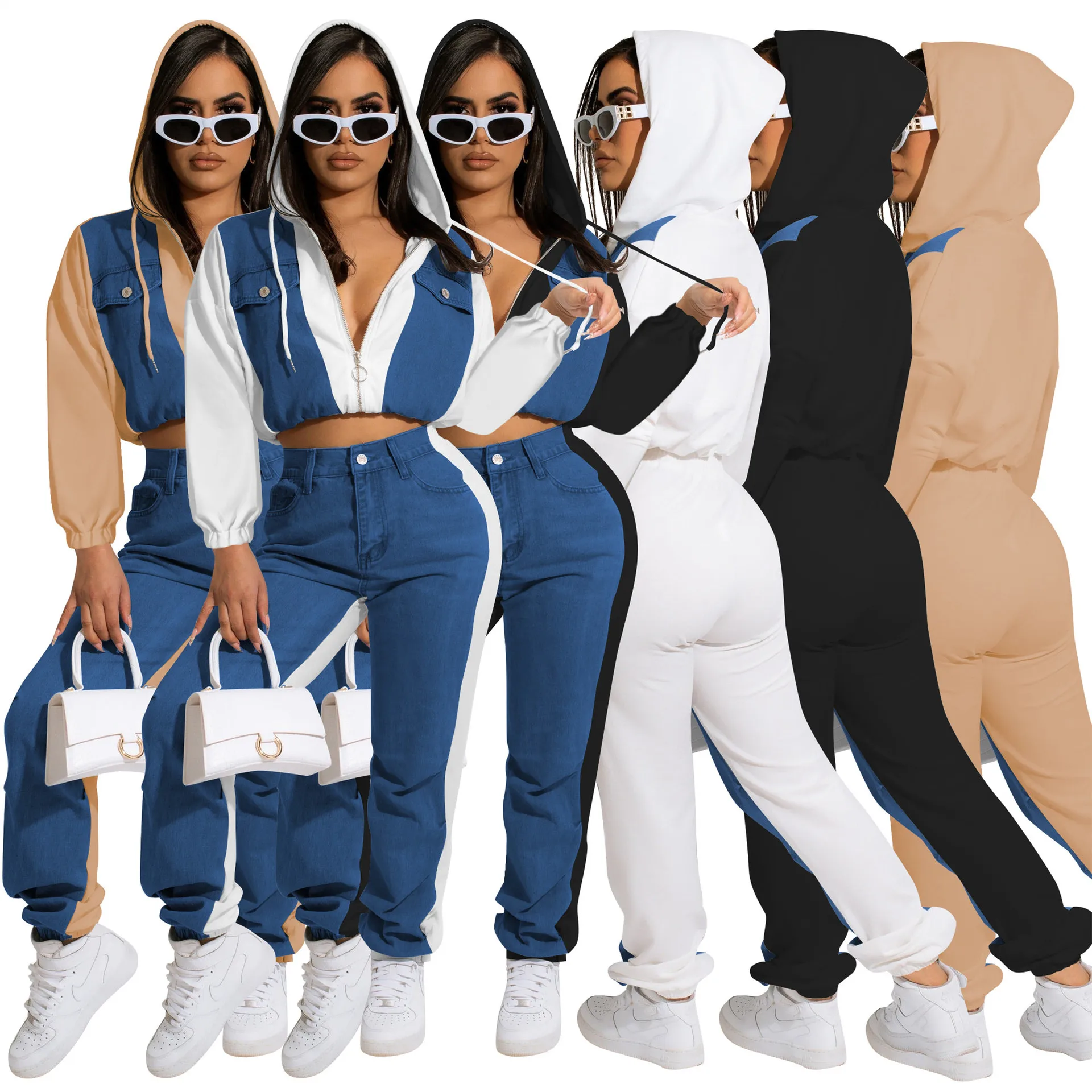 

New Fashion Woman 2022 Autumn Denim Casual Hooded Jacket Suits 2 Piece Sets Womens Outfits Hot Selling Denim Stitching Suits