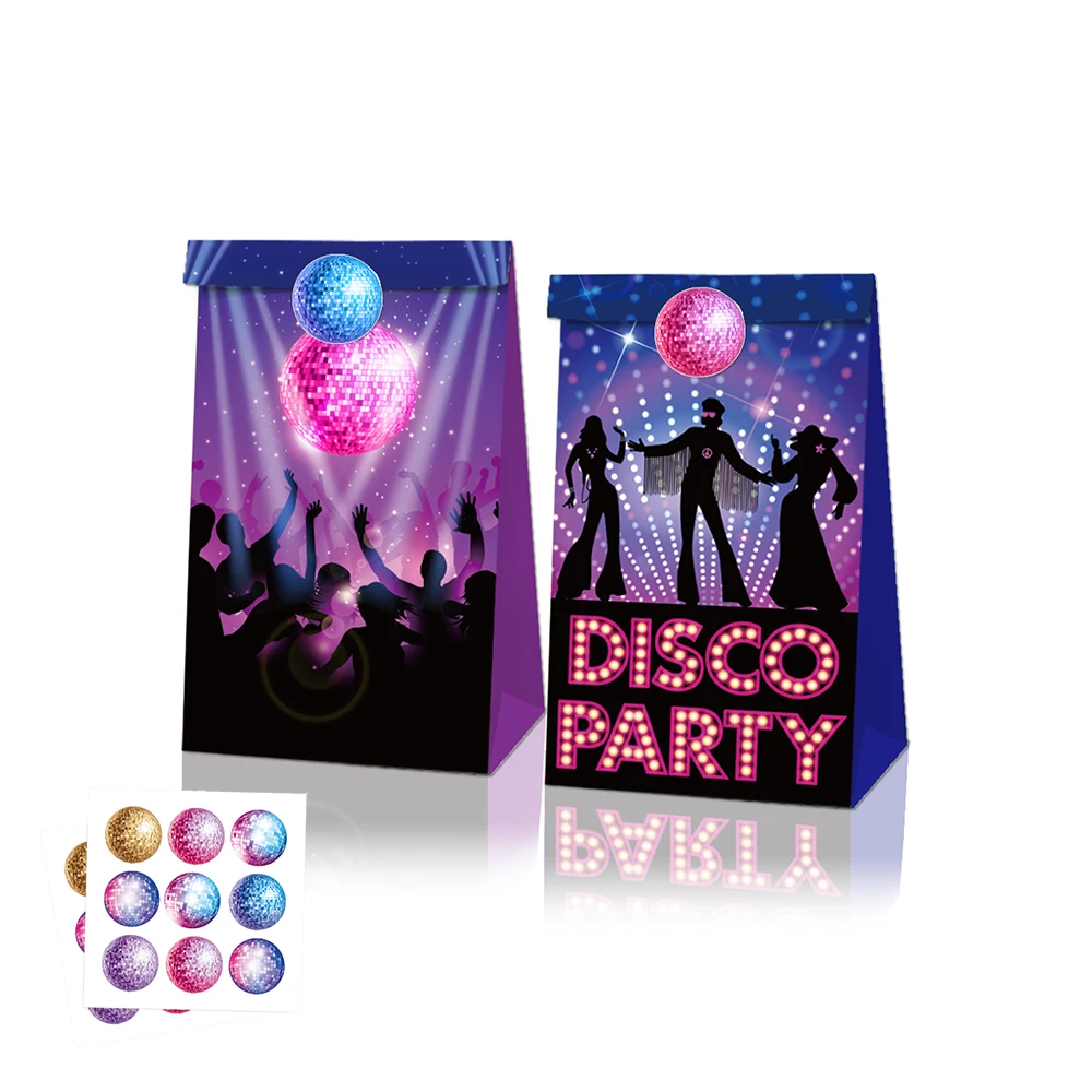 LB025-bolsas de regalo de 12 piezas para fiesta de cumpleaños, con temática de música Disco, galletas adhesivas, decoración de fiesta de Baby Shower, Kraft