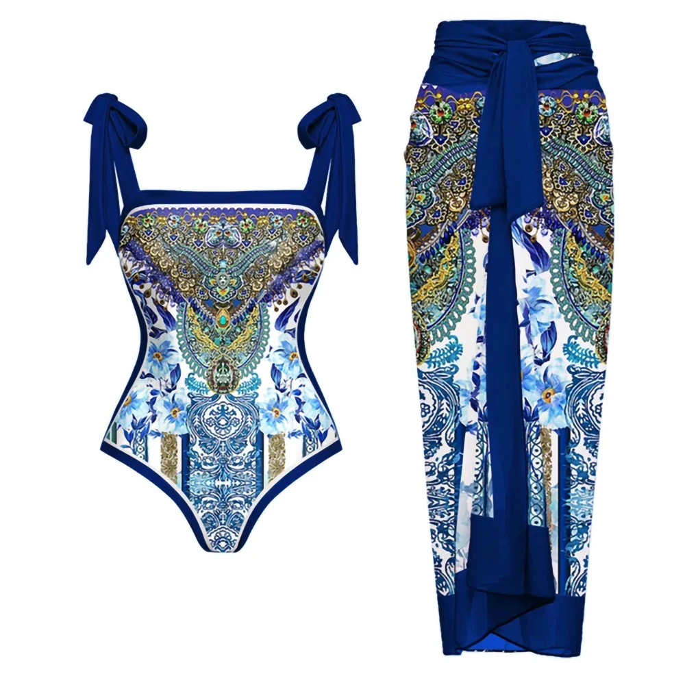 Bow Tie One-piece Swimsuit Square Neck Swimsuit Independent Straps Cover-up Beach Skirt Sexy Open Back 2023 Pre-sale Swimwear