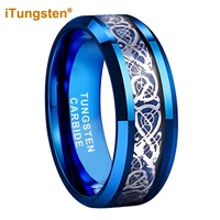 itungsten 8mm blue carbon fiber inlay dragon ring for men women tungsten wedding band fashion jewelry beveled edges comfort fit