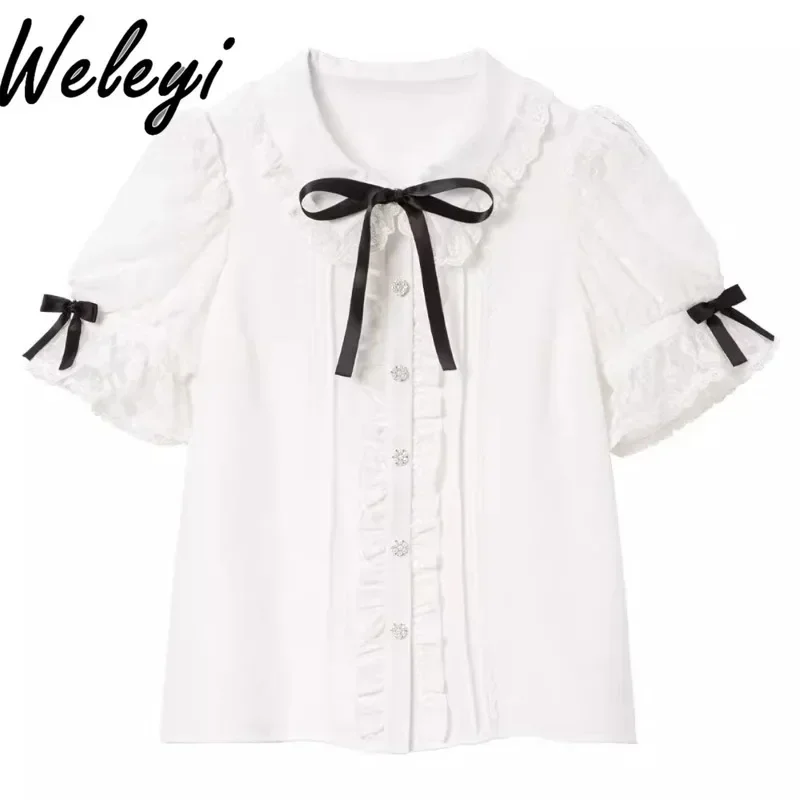 Супер милые рубашки Ropa De Mujer блузки 2024 весна и лето новые с кружевными рукавами