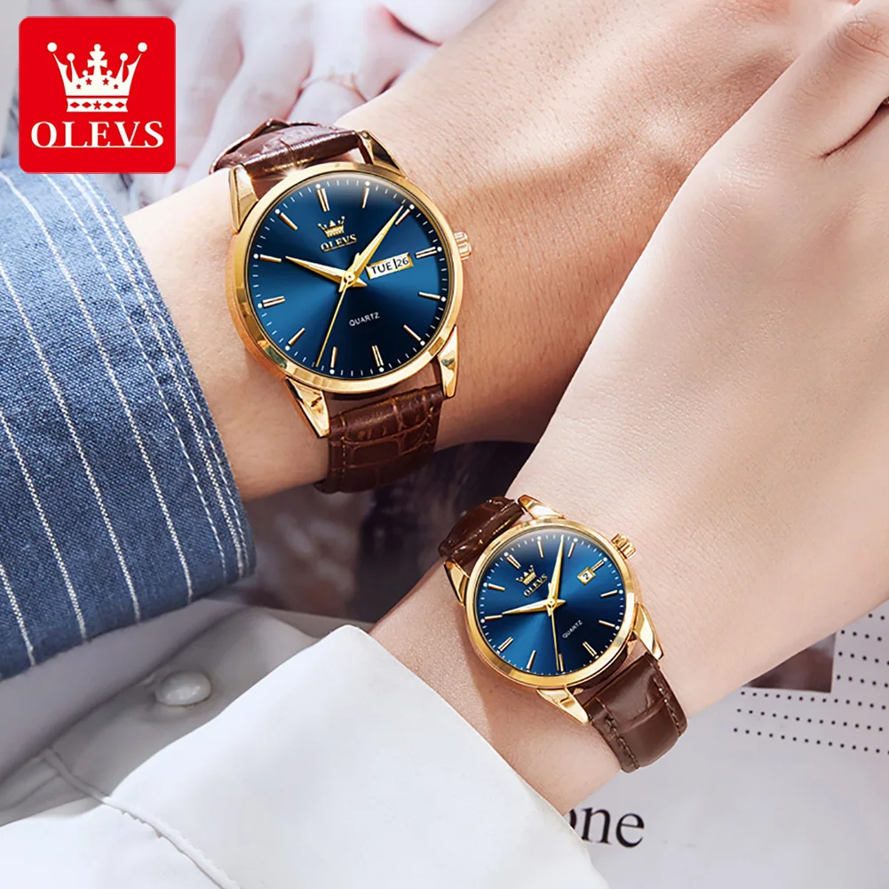 OLEVS Top Brand Couple Quartz Watches for Men Women Dress Fashion Leather Watch with Week Date Luminous Hands Lovers Wristwatch