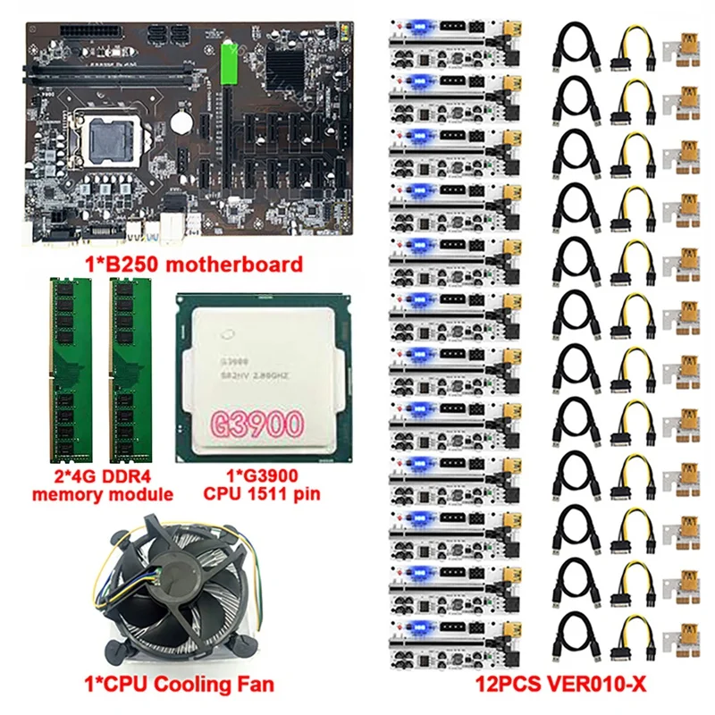 

Материнская плата для майнинга B250, плата 12 GPU LGA1151 DDR4 DIMM с 12X010-X PCIE Riser Card + 1XG390 0 ЦП + 2X DDR4 RAM + охлаждающий вентилятор