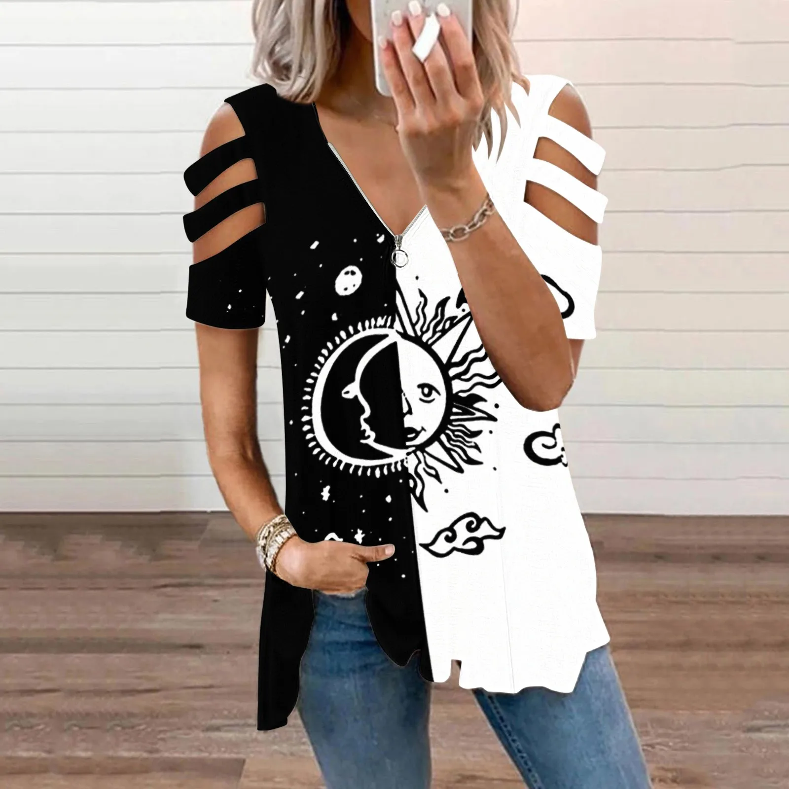 

Womens Sexy V Neck Collar Zipper Print Short Sleeve Fold Casual Blouse Tops Fall Tees for Women