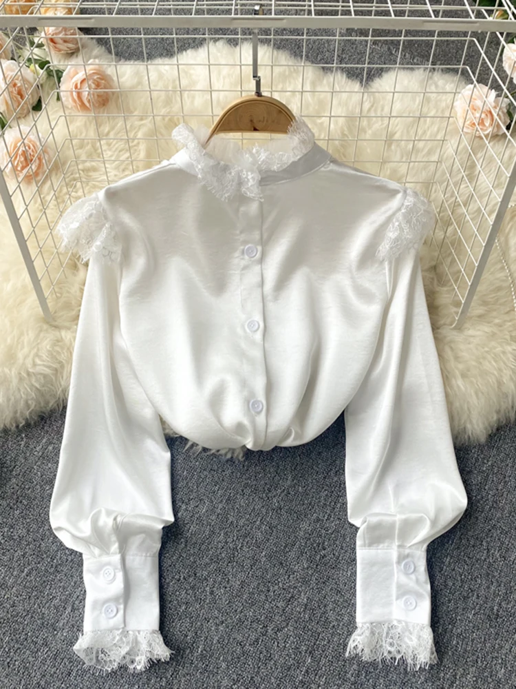 

Женский Атласный топ в западном стиле, универсальный шифоновый облегающий однотонный топ с воротником-стойкой и шитьем, кружевная рубашка, ...