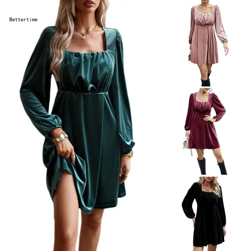 

B36D женское сексуальное бархатное платье трапециевидной формы с длинным рукавом, элегантное мини-платье для вечеринки, платье с
