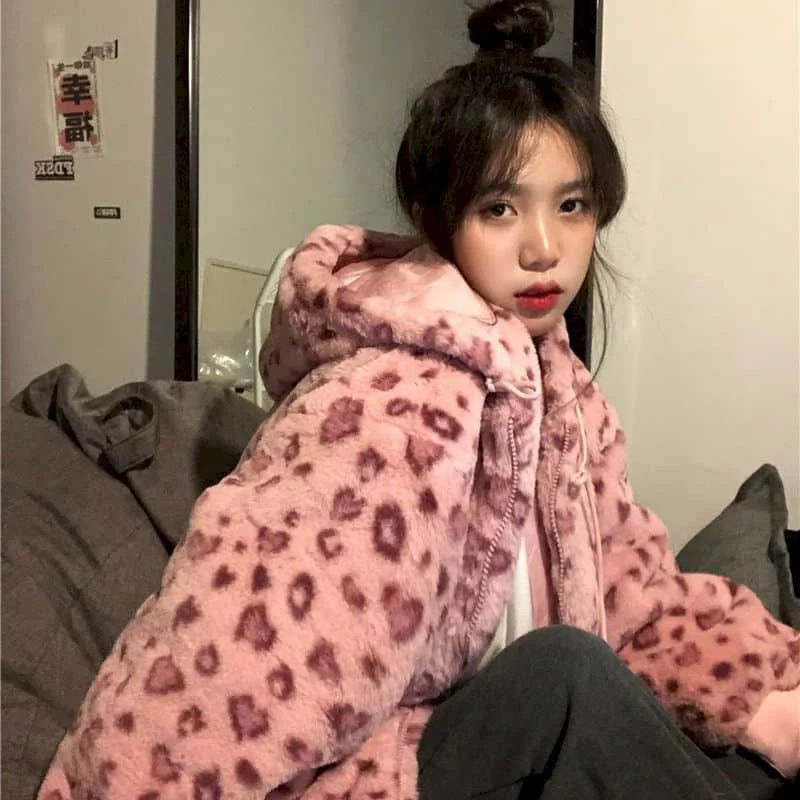 Lamb Wool Coat Women Winter Pink Leopard Print Thick Coat Korean Version Loose Plus Velvet Thick Retro Bright Color Street Coat