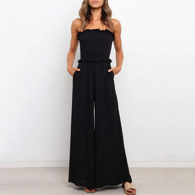 Fashion One-character Collar Wood-ear Strapless Sexy Shoulder Pants Summer New Waist Loose Wide-leg Pants Trousers