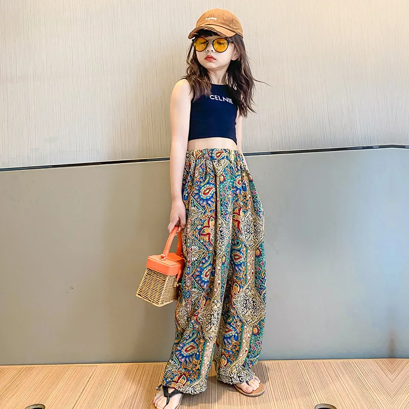 Брюки для девочек 2022 летняя детская хлопковая Футболка с цветочным рисунком в