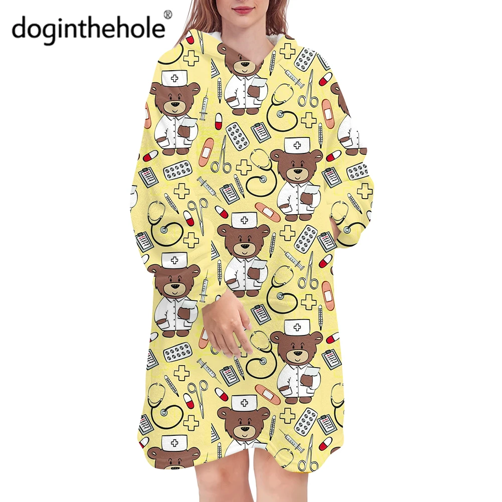 

Oversized Soft Women Sleepwear Nurse Bear Cartoon Piece Pajamas Ladies Warm Comfortable Female Nightdress pyjama femme hiver
