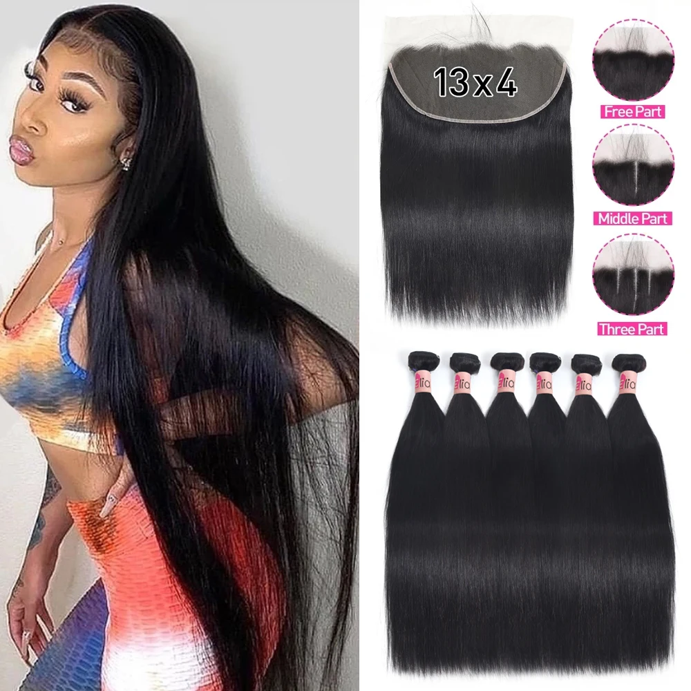 

Brazilian Hair Weave Bundles With Frontal Transparent Lace Straight Human Hair Bundles With Lace Frontal Virgin Hair