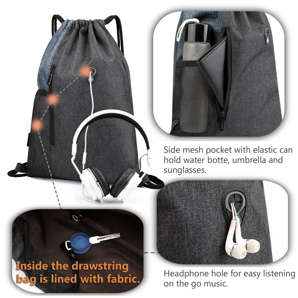 Gym Sack Drawstring Bag Sports Travel Drawstring Bag Water Repellency Mesh Pocket for Water Bottle Light Backpack Sack with Earp