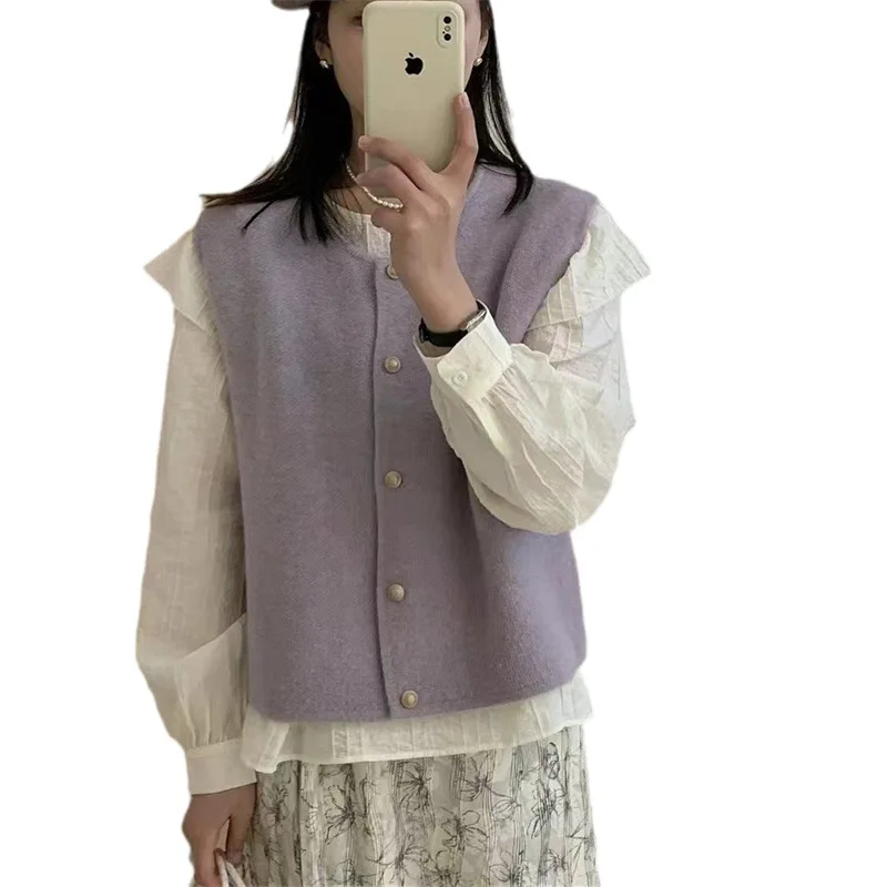 Однотонный вязаный жилет с круглым вырезом Осенний новый товар однобортный