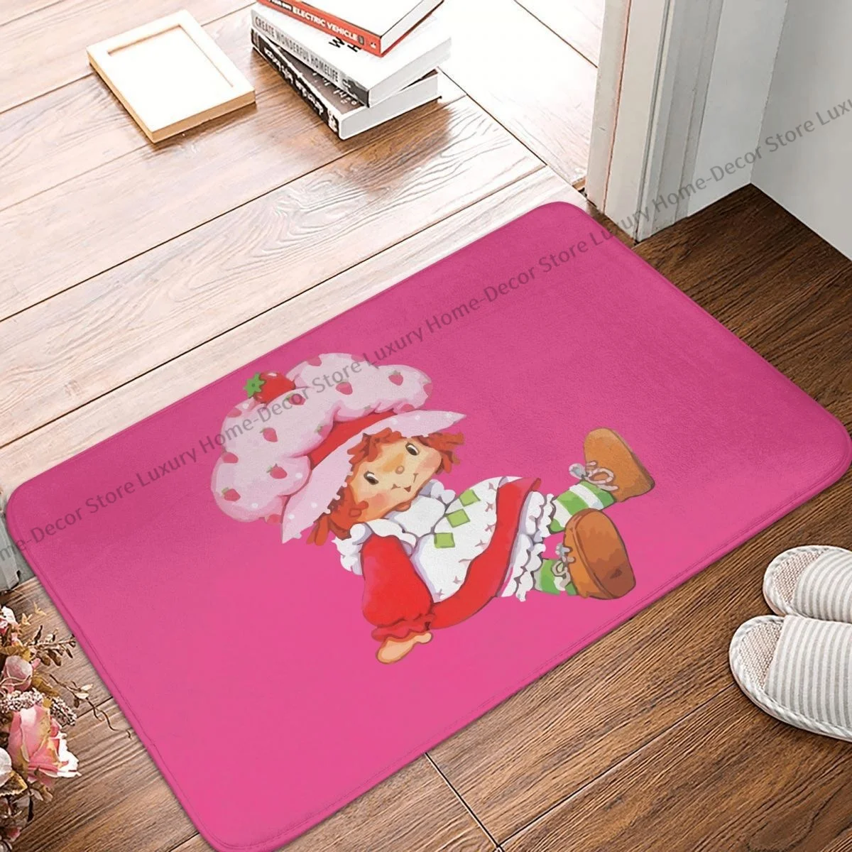 

Strawberry Shortcake Bath Non-Slip Carpet Strawberry Vintage Retro 80s Cartoon Flannel Mat Welcome Doormat Home Decoration Rug