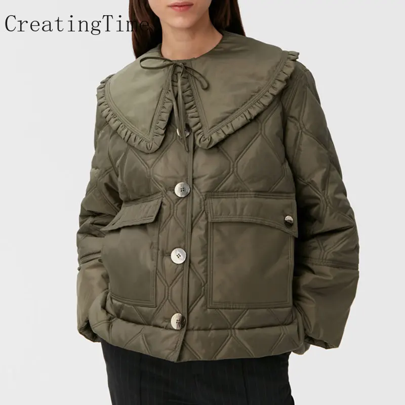 

Autumn Winter Parkas Women's 2022 New Padded Jacket Olive Removable Ruffle Quilted Lapel Jackets Coat Thin Cotton Cloths LH979