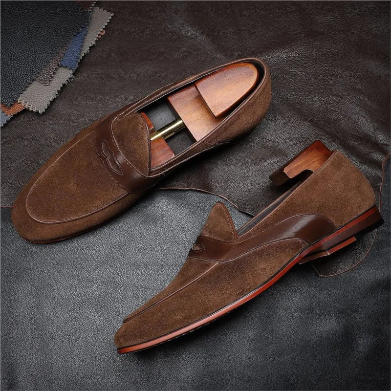 

Size 6-10 Spring Autumn Suede Mens Penny Loafers Genuine Leather Brown Slip On Dress Shoes Men Wedding Casual Business Shoes