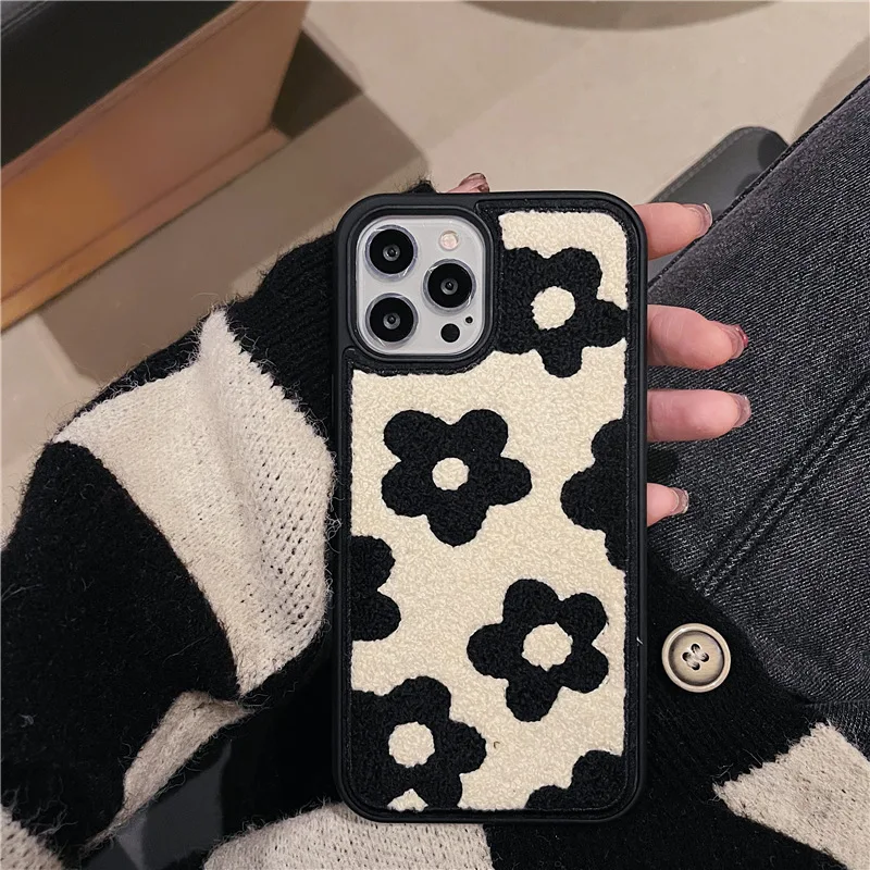 

Plush Embroidered Black Flower Phone Case Trendy and Cute for Iphone 13/12/11 Phone Case Iphone 11 Pro Case