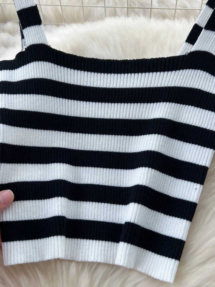 Foamlina 2024 летний женский белый и черный полосатый вязаный комплект из 2 предметов