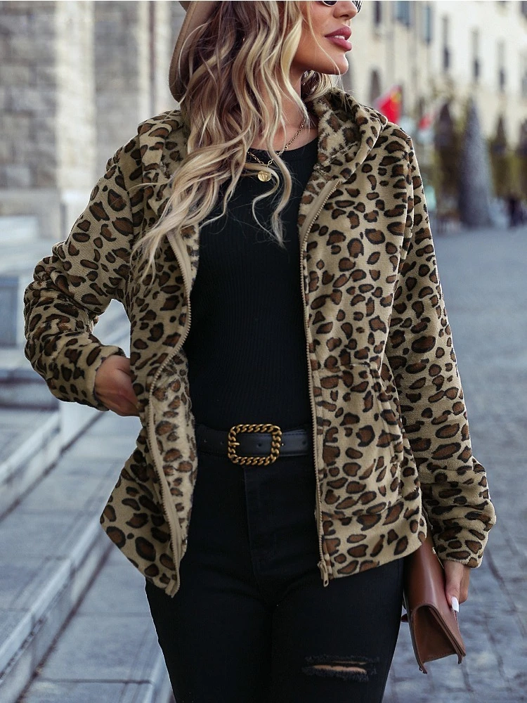

Осень 2023, короткое пальто с длинным рукавом, искусственное меховое пальто с капюшоном, пушистое пальто, женская куртка с леопардовым принтом
