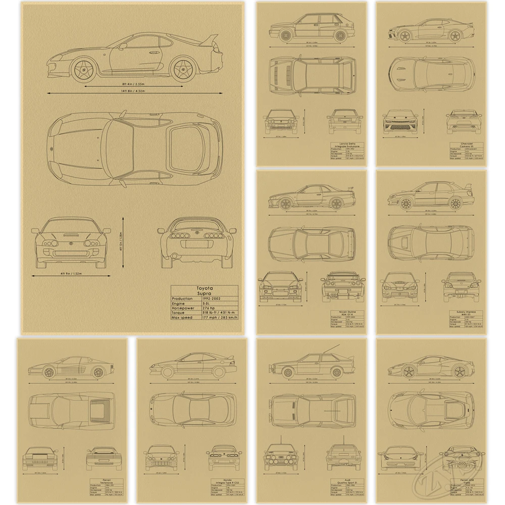 

Painting Super Car Poster Vehicle Wall Artwork Prints Blueprint Kraft Paper Patent Pictures Vintage Home Decor Murals Kids Room