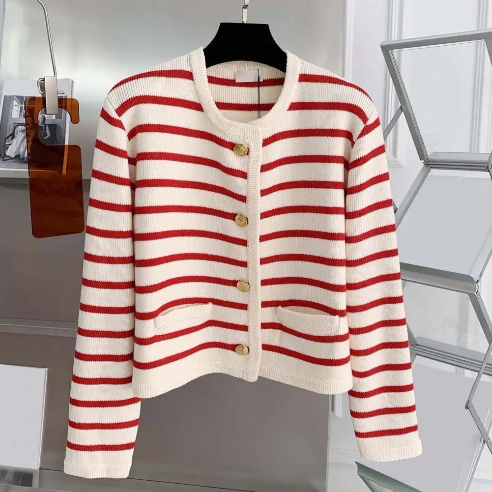 

Round Neck Cardigan Sweater Striped Print Women's Cardigan Sweater Stylish Single-breasted Knitted Coat for Fall Spring Winter