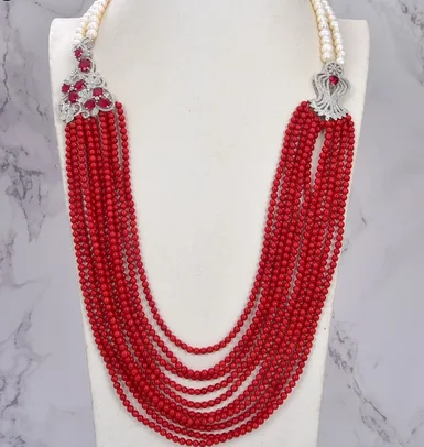 Jewelry 10Strands Natural White Pearl Round Red Coral Flower CZ Necklace Lady Jewelry