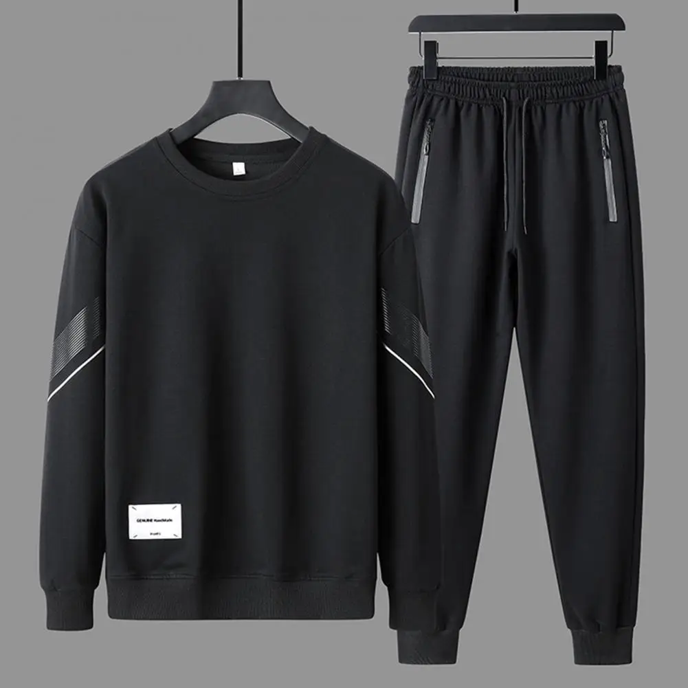 

Sporty 1 Set Popular Ribbed Cuff Top Drawstring Pants Spring Autumn Men Outfit Round Neck for Jogging