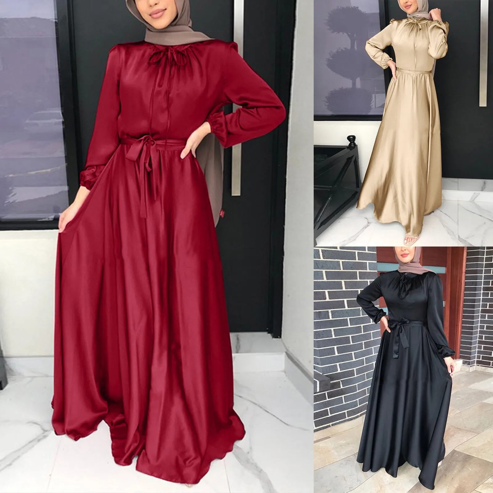 Женское атласное платье в мусульманском стиле, элегантное платье в арабском стиле с длинным рукавом, батальных размеров, шикарное платье