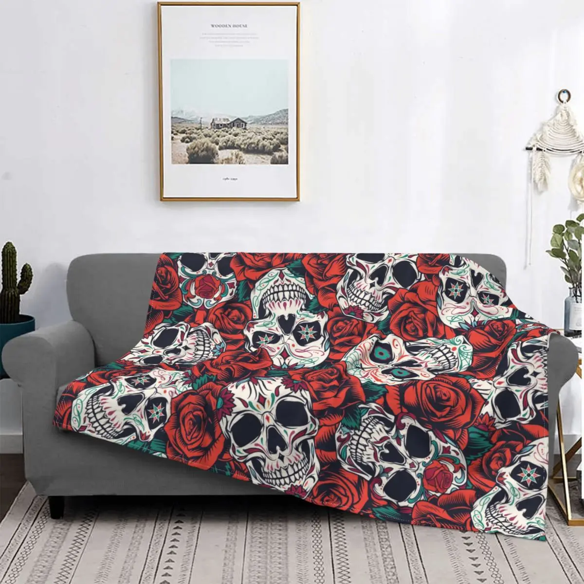 

Vintage Floral Skull Flannel Throw Blanket Roses Blanket for Home Outdoor Warm Bed Rug 09