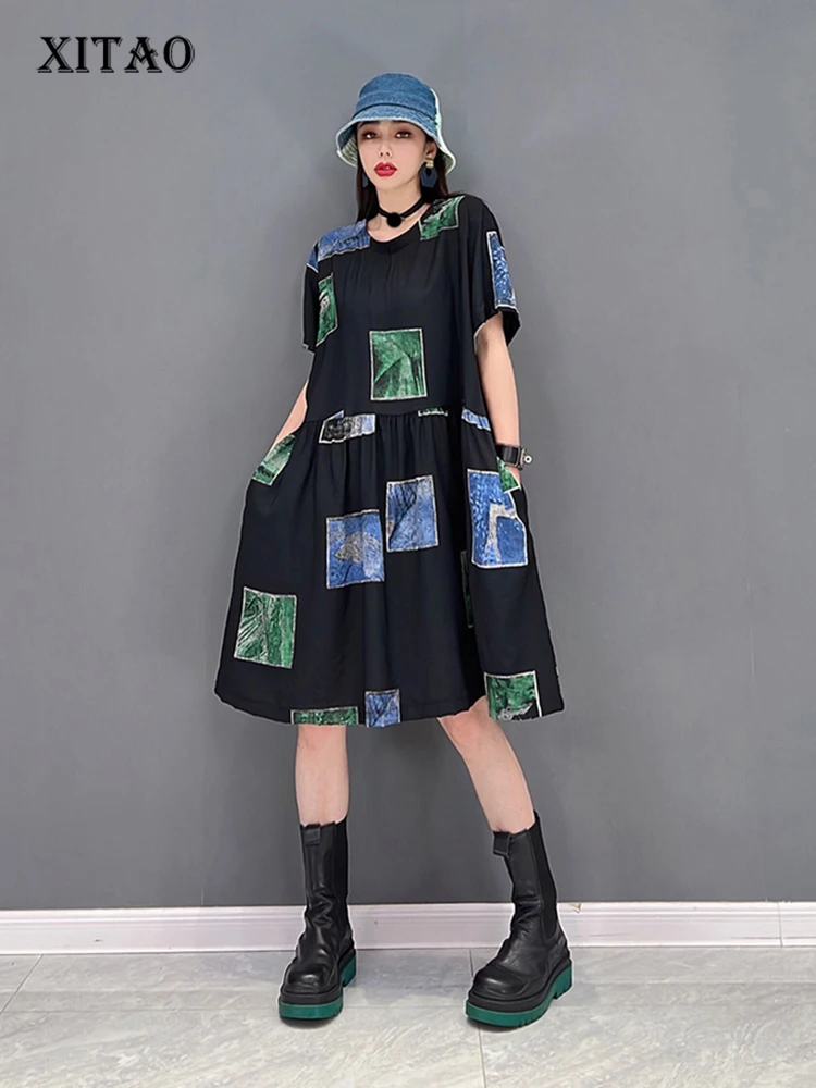 

XITAO Fashion Loose Dress Contrast Color Casual Print Simplicity Large Sizer Women T-shirt Dress Pleated Splicing Hem WMD5555
