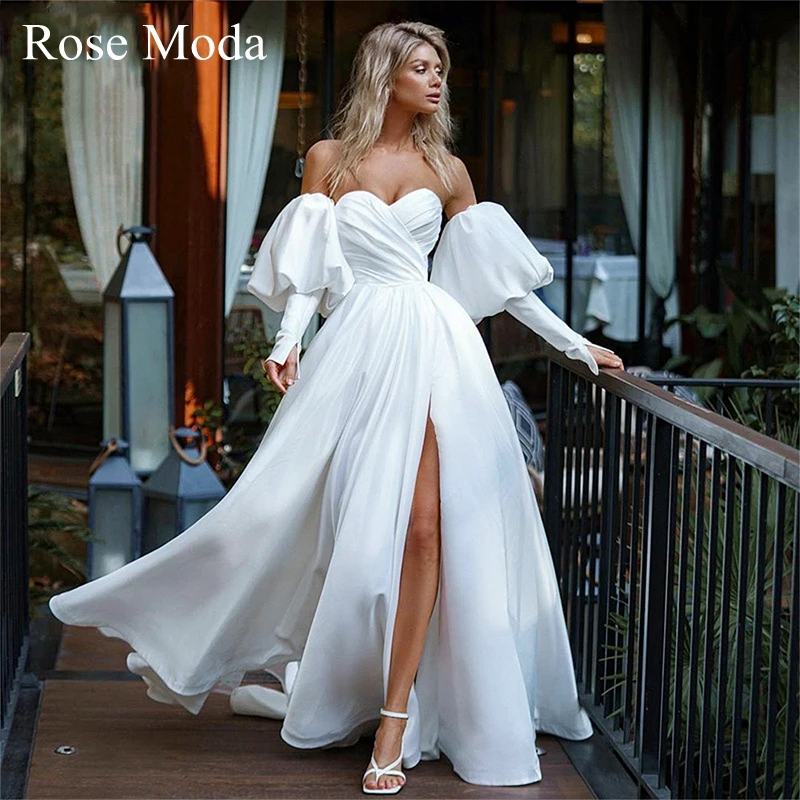 

Rose Moda Simple High Slit Wedding Dress with Removable Long Puff Sleeves Custom Make