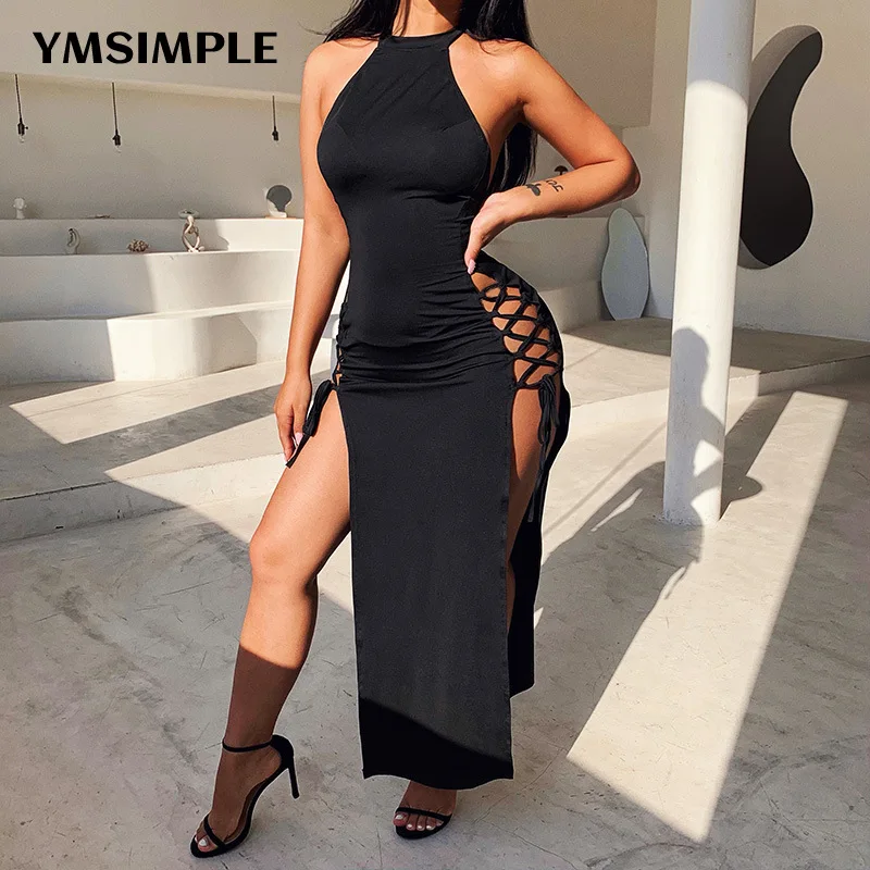 

Women Elegant Hollow Out Bandage Party Club Dresses Black 2022 Spring Summer Sexy Halter Neck Backless High Split Long Dress