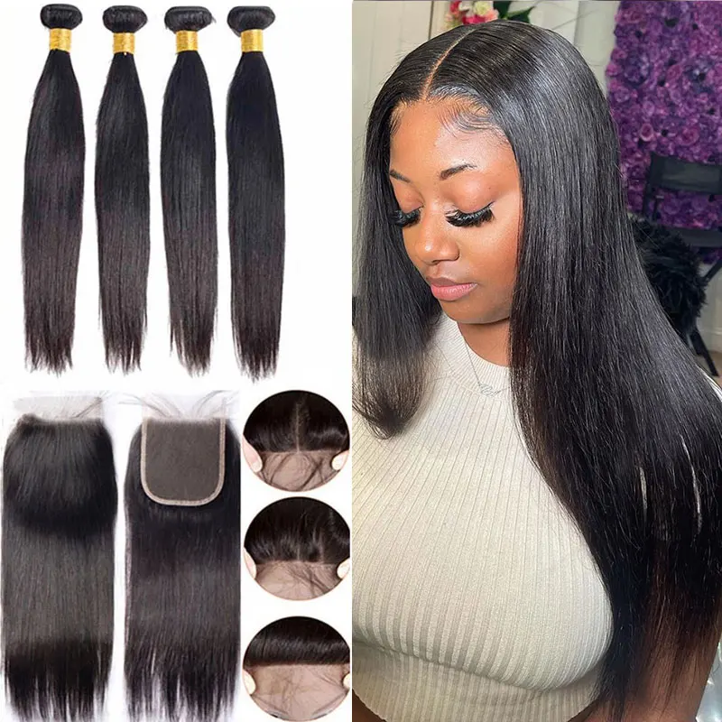 

Straight Bundles With Closure 5x5 30 Inch Virgin Brazilian Weave Natural Hair Extensions 13x4 HD Frontal With Bundles Human Hair
