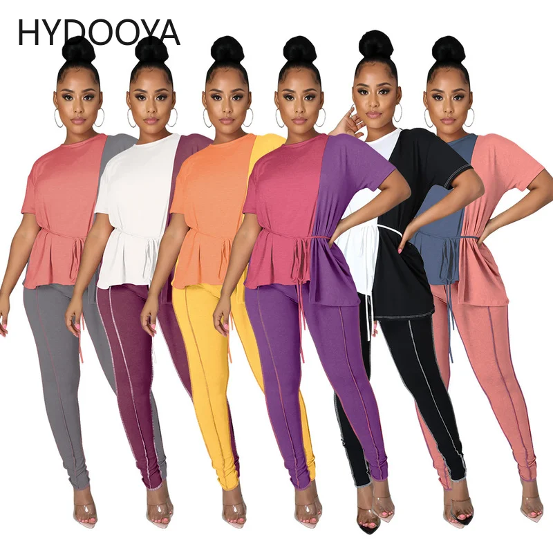 

Casual Women's Tracksuit Color Block Two Piece Sets Sportswear Short Sleeve Sashes T-Shirts Top+Jogger Sweatpants Female Outfits