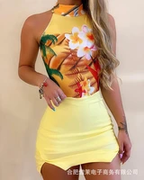 2022 summer new womens two piece suit yellow turtleneck sleeveless print high waist tight sexy suit