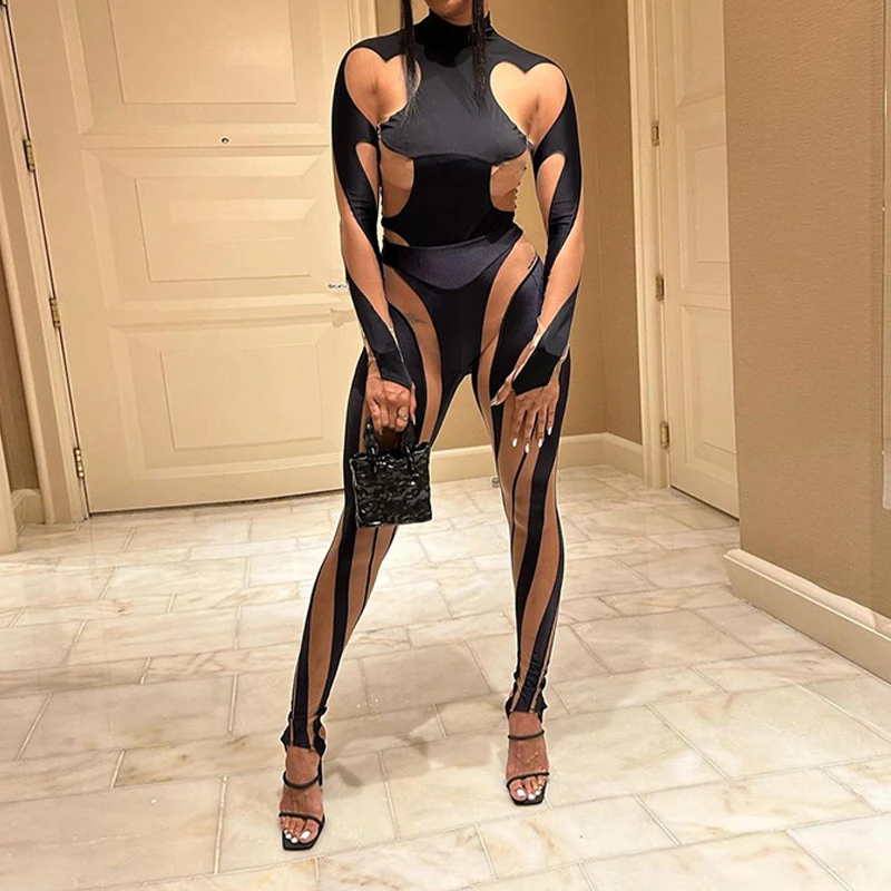 

BKLD Women Mesh Spliced Irregular 2023 Summer High Street Clubwear Tops See-through Full Sleeve High Waist Bodysuit Sexy Outfits