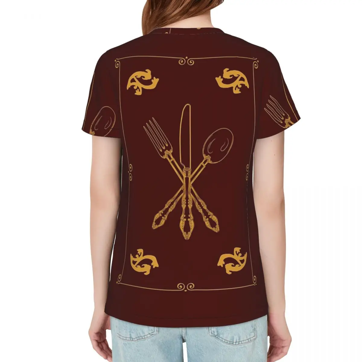Фото Футболка женская Just Add Magic Utensils Gold с окантовкой, с коротким рукавом, круглым вырезом, хлопковая, летняя, в уличном стиле №3