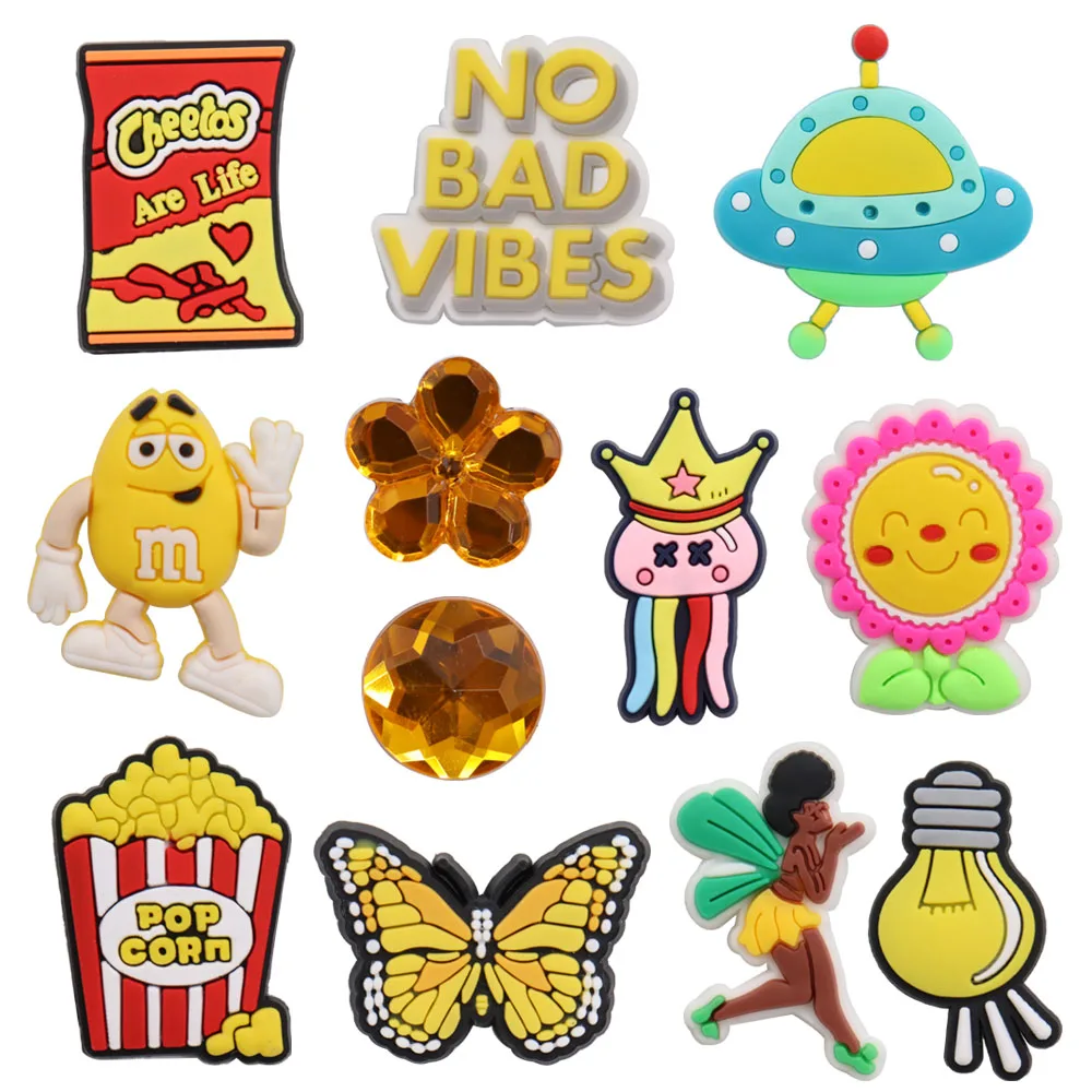 

50Pcs PVC Popcorn Butterfly Crystal Sandals Shoe Charms Buckle Clog Sunflower Kids Shoe Decoration Fit DIY Wristband Croc Jibz