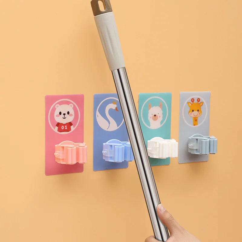 

Cartoon Hole Free Wall Hook Bathroom Rack Broom Storage Adhesive Hook Strong Self-adhesive Traceless Mop Clip Home Accessories
