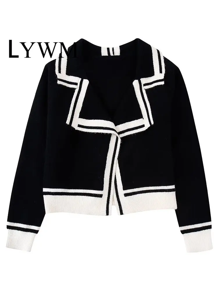 

LYWM Women Fashion Patchwork Knitted Pullover Sweater Vintage Lapel Neck Long Sleeves Female Chic Lady Tops