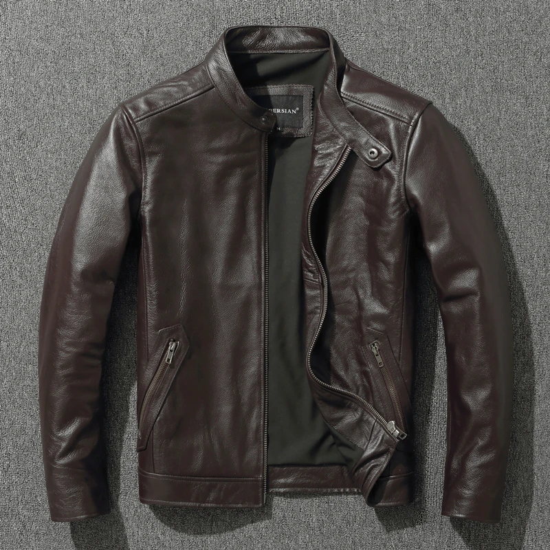 Top Layer Cowhide  Jacket  Fashion SlimFit Stand Collar Leisure Bomber Jacket 100% Genuine Leather Men's Vintage Short  Zipper M