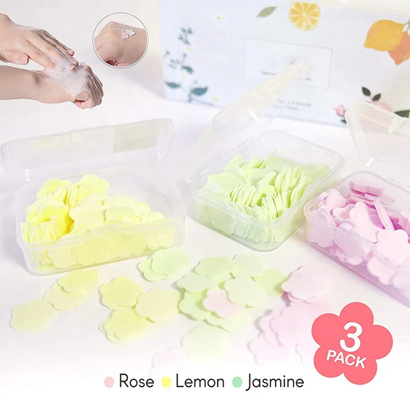 

100Pcs/Box Portable Mini Flower Shape Paper Soap Sheets Hand Bath Travel Scented Foaming Box Safe Hygienic Removed Bacteria