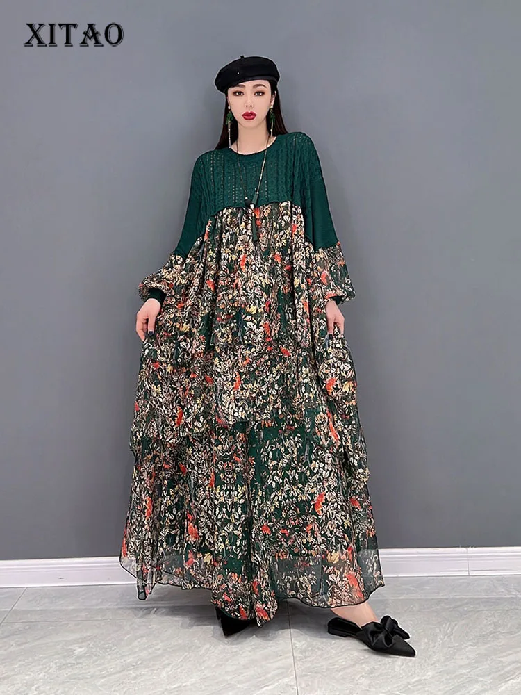 

XITAO Print Pattern Dress Patchwork Pleated Pullover Full Sleeve Goddess Fan Casual Style Loose Spring Minority Dress WLD6883