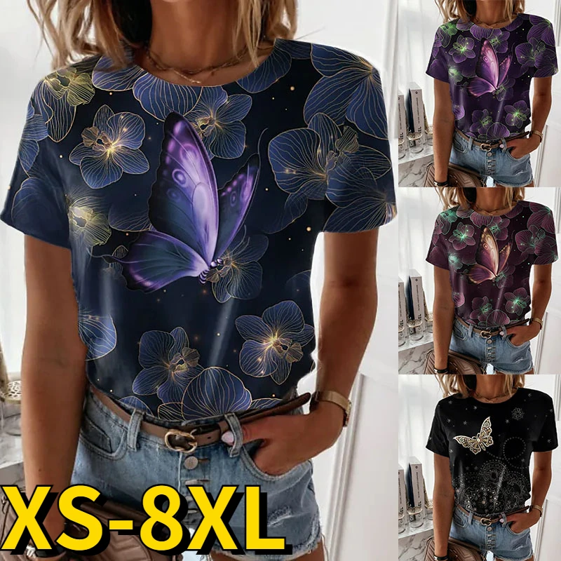 

Summer Women's Round Collar Loose Butterfly Print Top Daily Street Comfort T-shirt 3D Printed Short Sleeve Women's Daily Tee