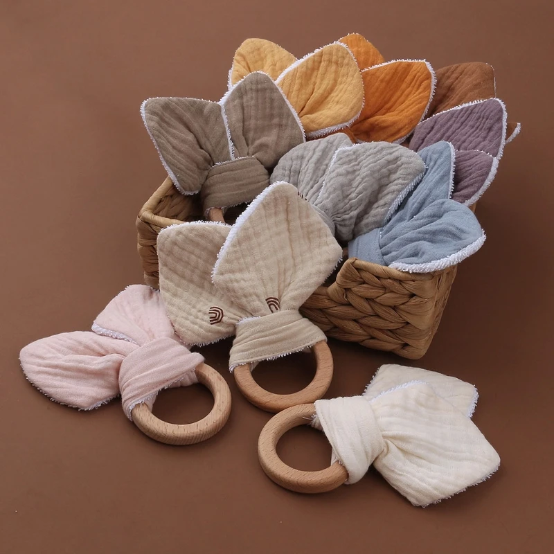 

Baby Natural Wooden Teether Ring BPA Free Wood Pain Relief Teether Soft Cotton Rabbit Ears Teething Chewing Appease Toy