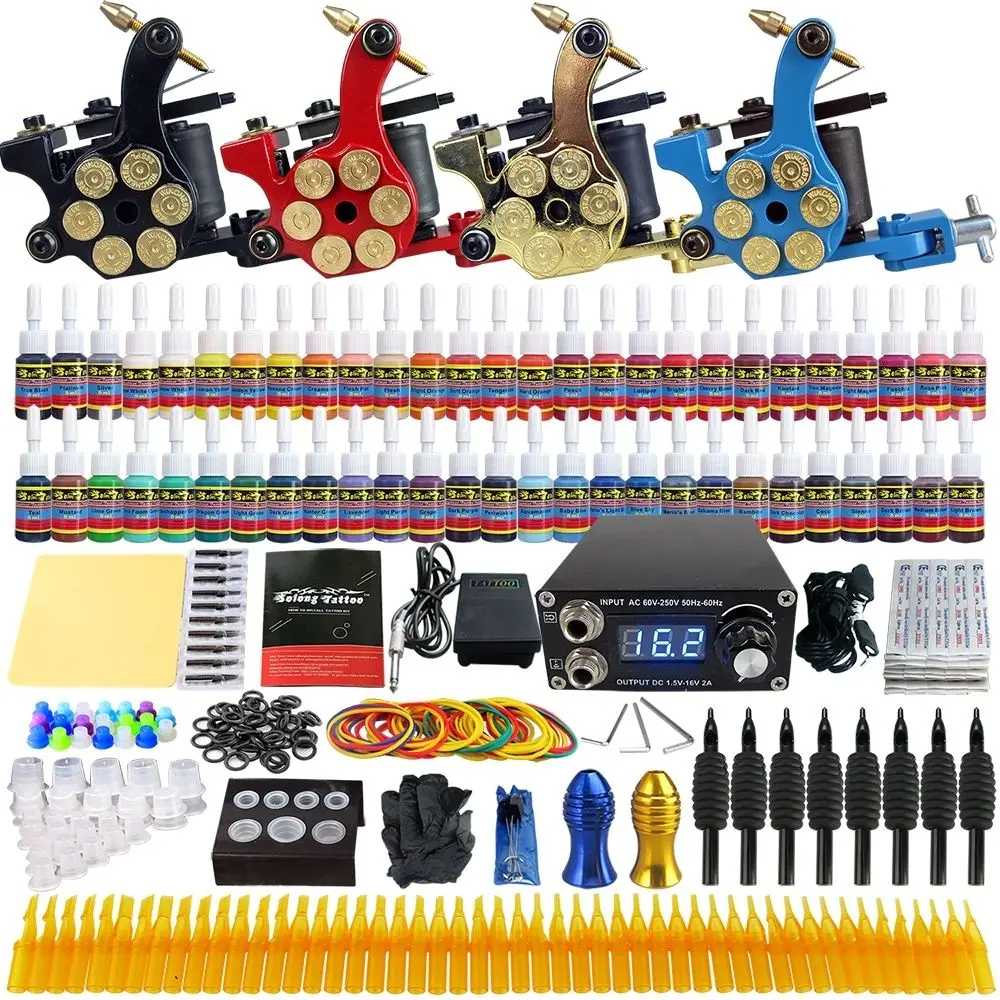 Complete Beginner Tattoo Kit 54 Color Inks Mini Tattoo Power Supply Cheap Tattoo Kit Set Grips Needles Tips Supplies