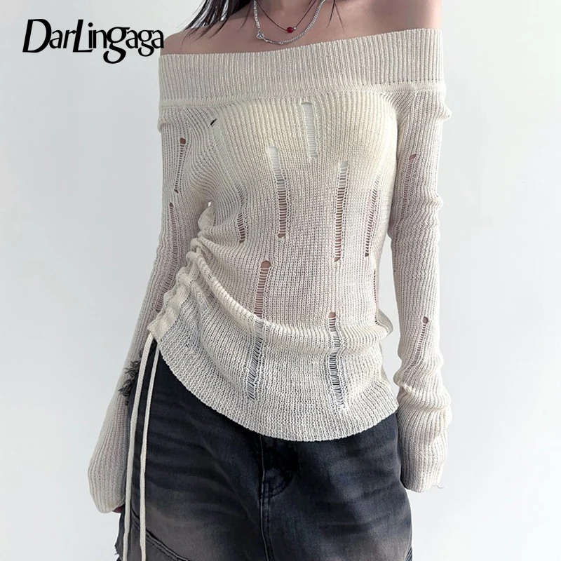 

Darlingaga Korean Fashion Hole Ripped Sweater for Women Off Shoulder Knit Slim Grunge Autumn Pullover Top Drawstring Party Retro