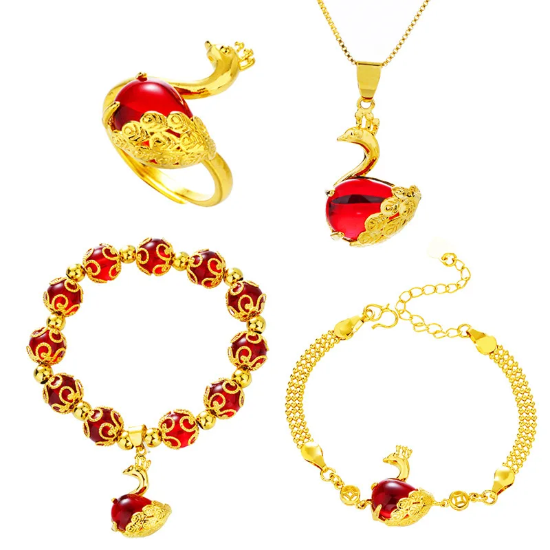 

Vietnam Sand Gold Gem Peacock Necklace Set National Style Phoenix Ring Wedding Plating 24k Gold Jewelry